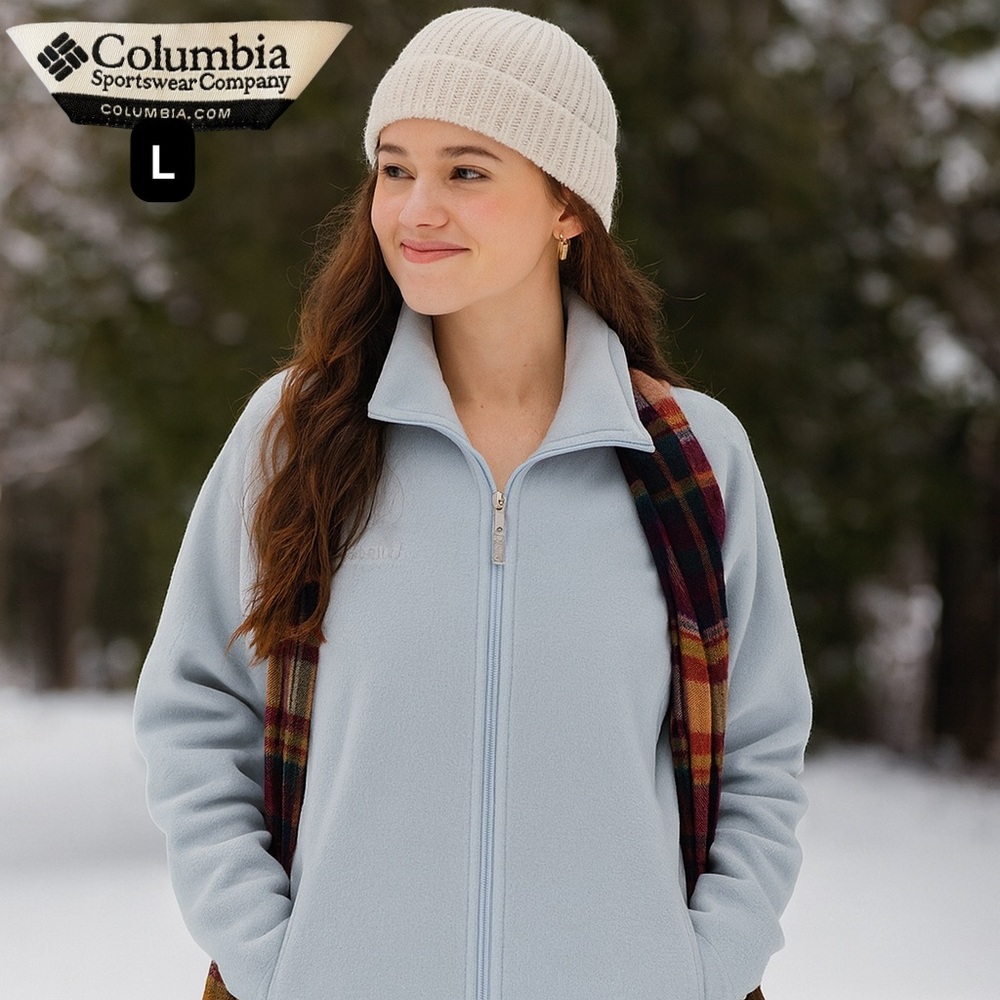 COLUMBIA Women's L Light Icy Blue Full Zip Fleece Jacket Thermal Sweater Cozy